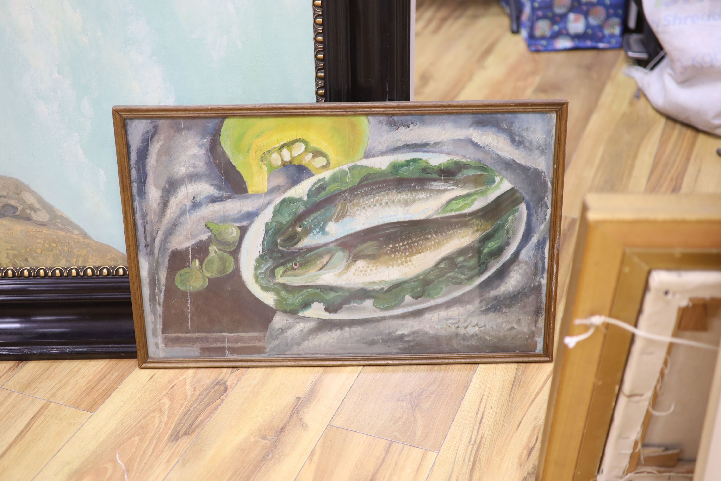 Early 20th century Continental School, still life with fish, oil on canvas (backed), framed and glazed, 37 x 59 cm